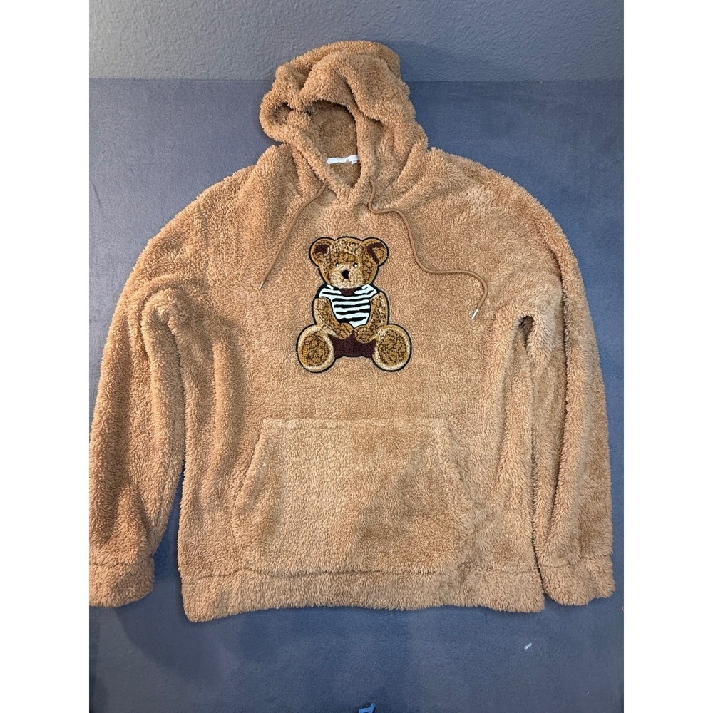 XXL Oversized Grunge KidCore Bear Hoodie - Tan Fuzzy Fleece Streetwear Skater